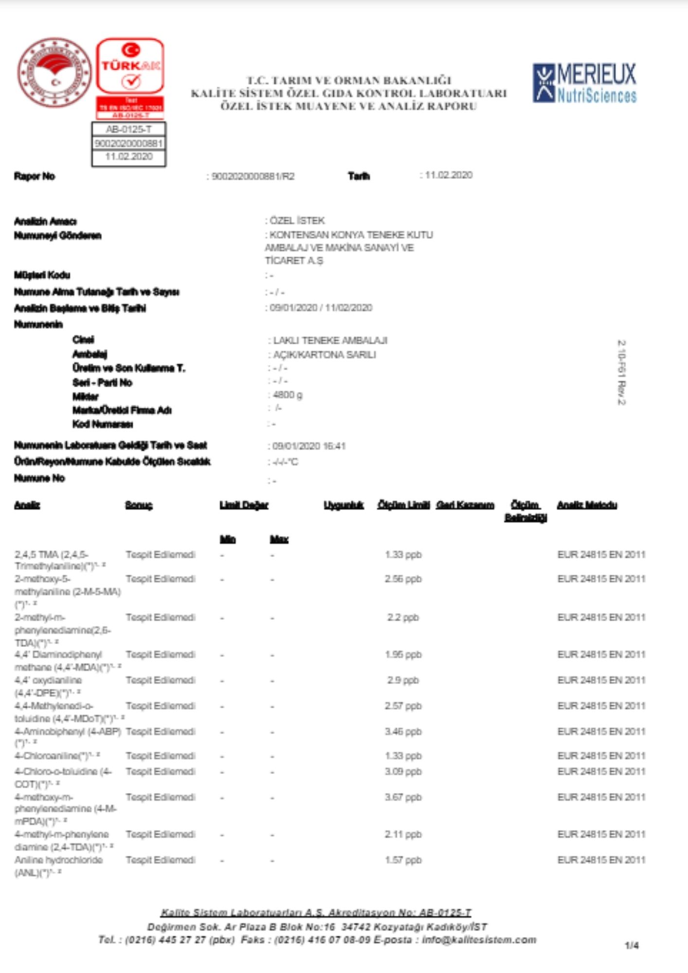 Microbiology, Migration, PAA, BPA, Metal Migration Report (Lacquered Product)