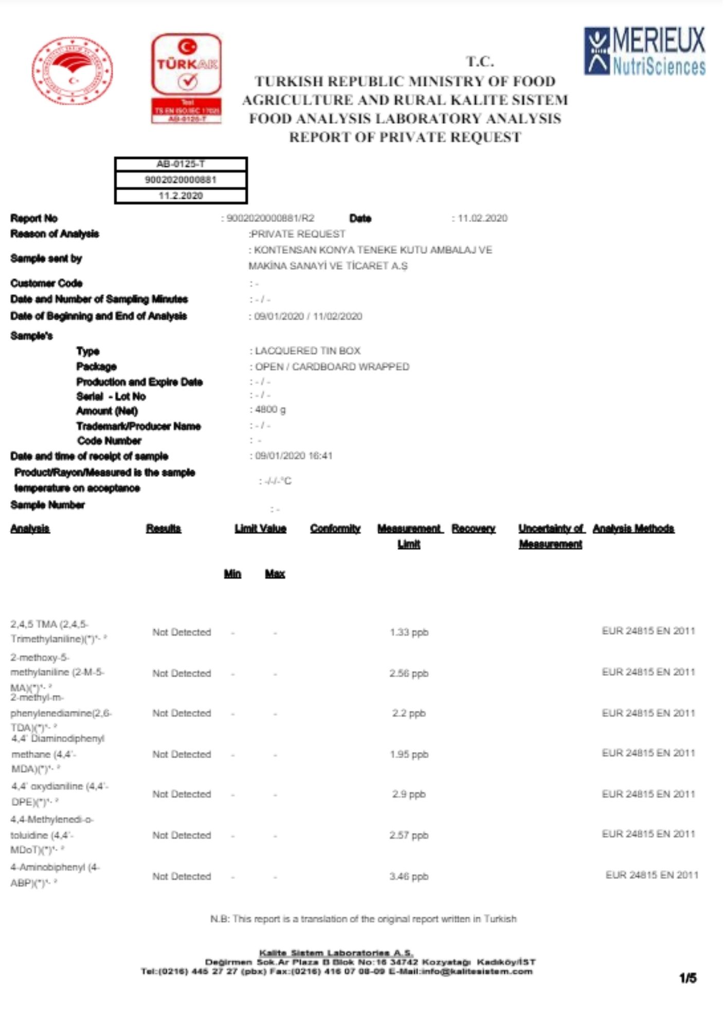 MICROBIOLOGY, MIGRATION, PAA, BPA, METAL MIGRATION REPORT (LACQUERED PRODUCT ENGLISH)