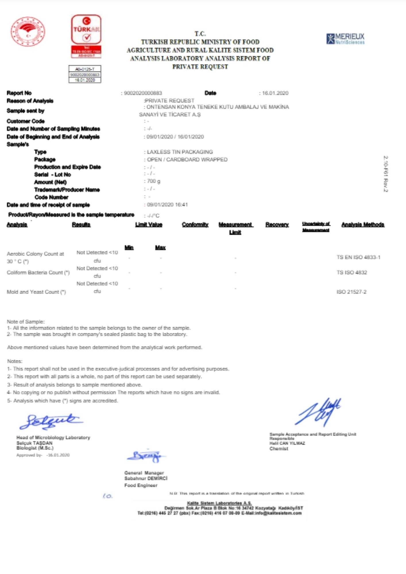 MICROBIOLOGY REPORT (UNLACQUERED PRODUCT ENGLISH)