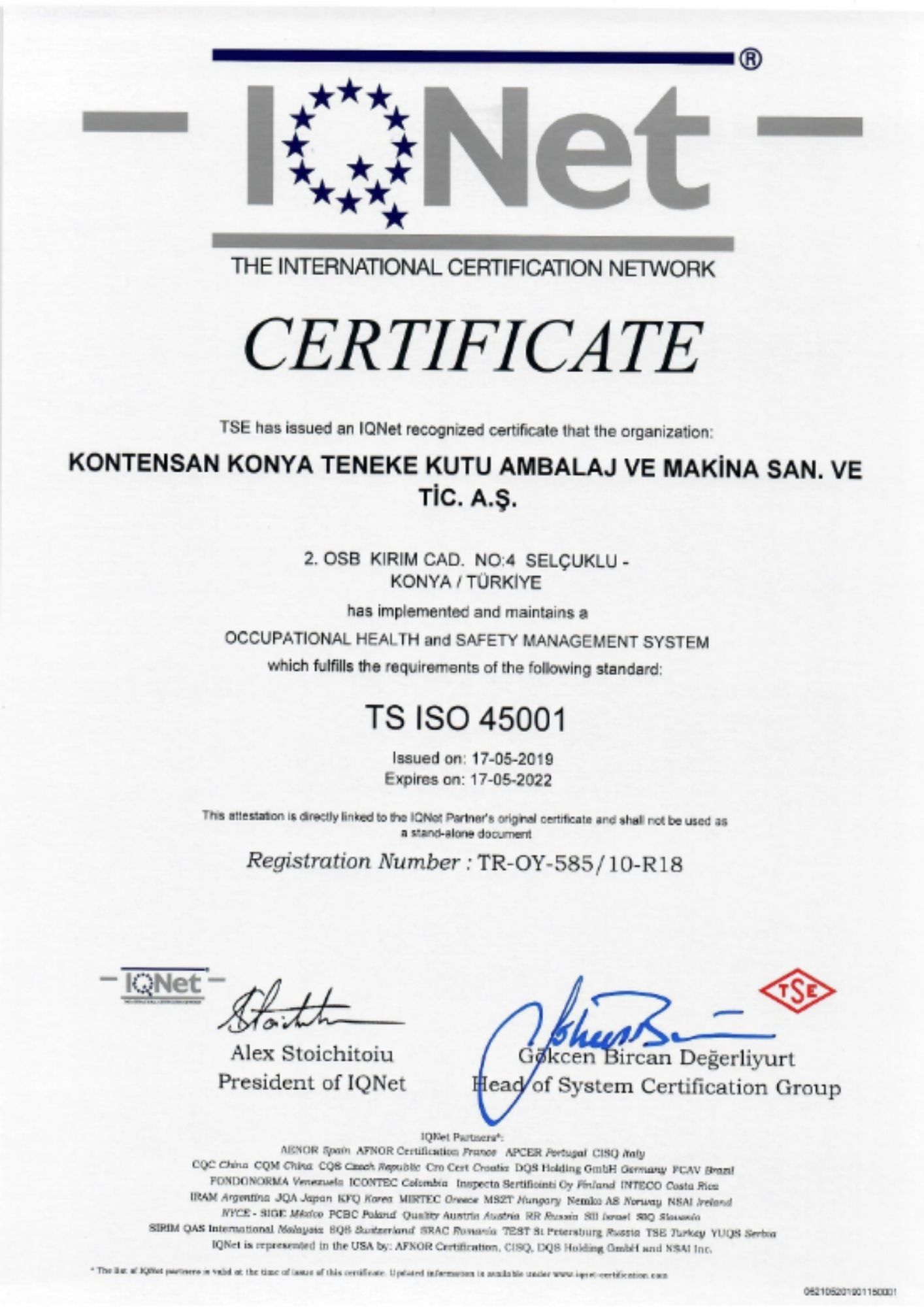 OCCUPATIONAL HEALTH AND SAFETY MANAGEMENT SYSTEM CERTIFICATE (TS ISO 45001)