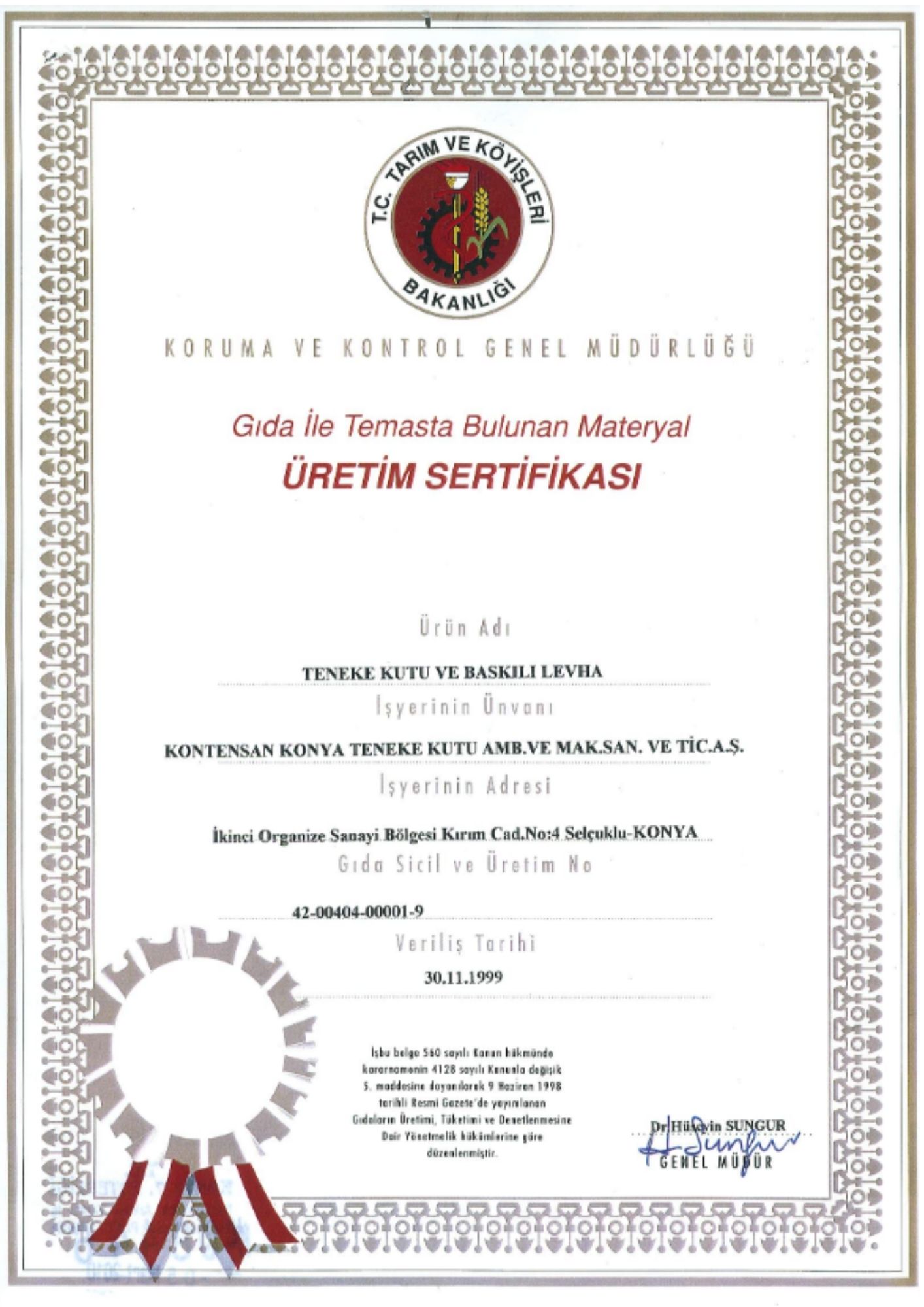 CERTIFICATE OF PRODUCTION FOR MATERIALS IN CONTACT WITH FOOD