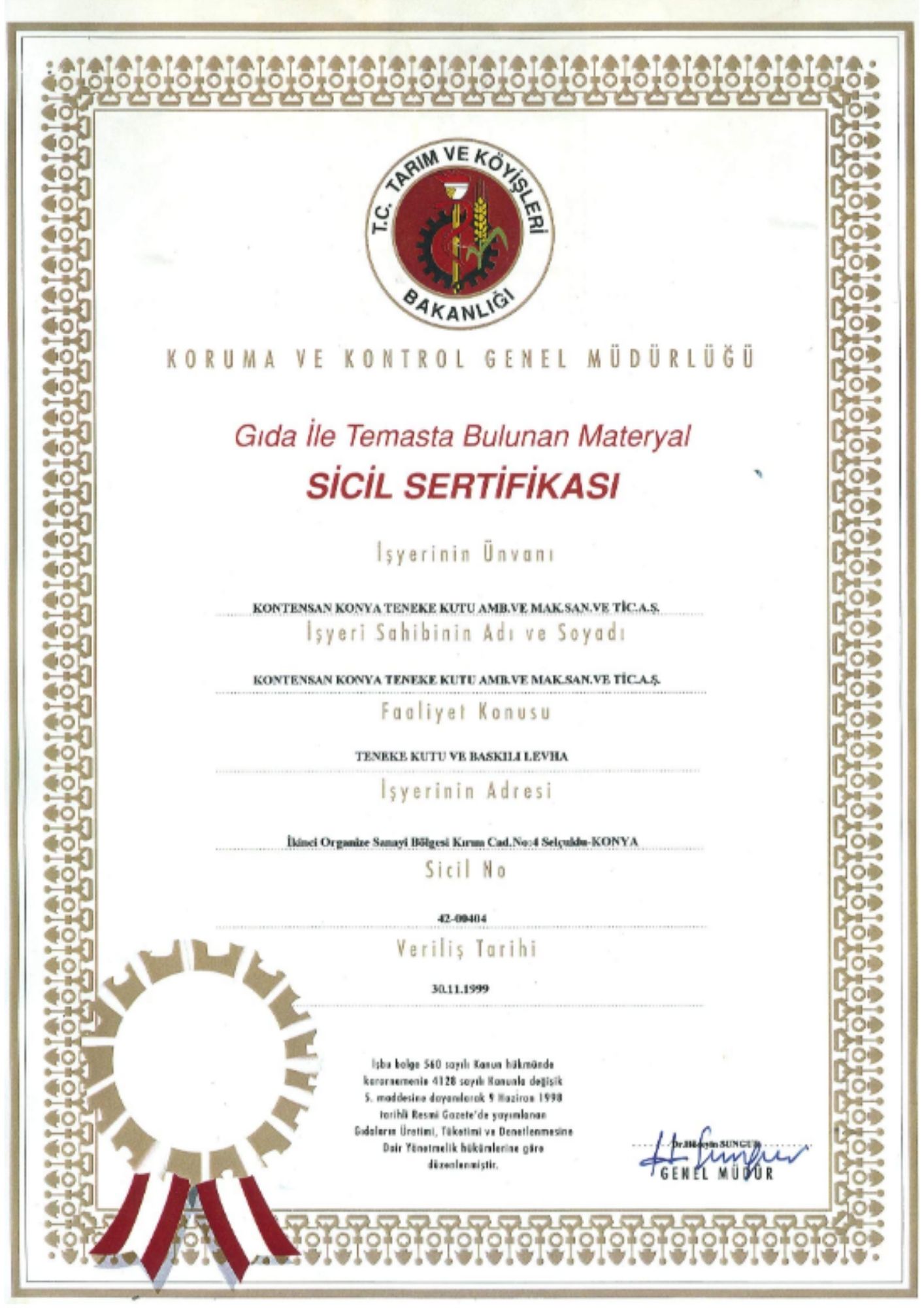 REGISTRATION CERTIFICATE FOR MATERIALS IN CONTACT WITH FOOD