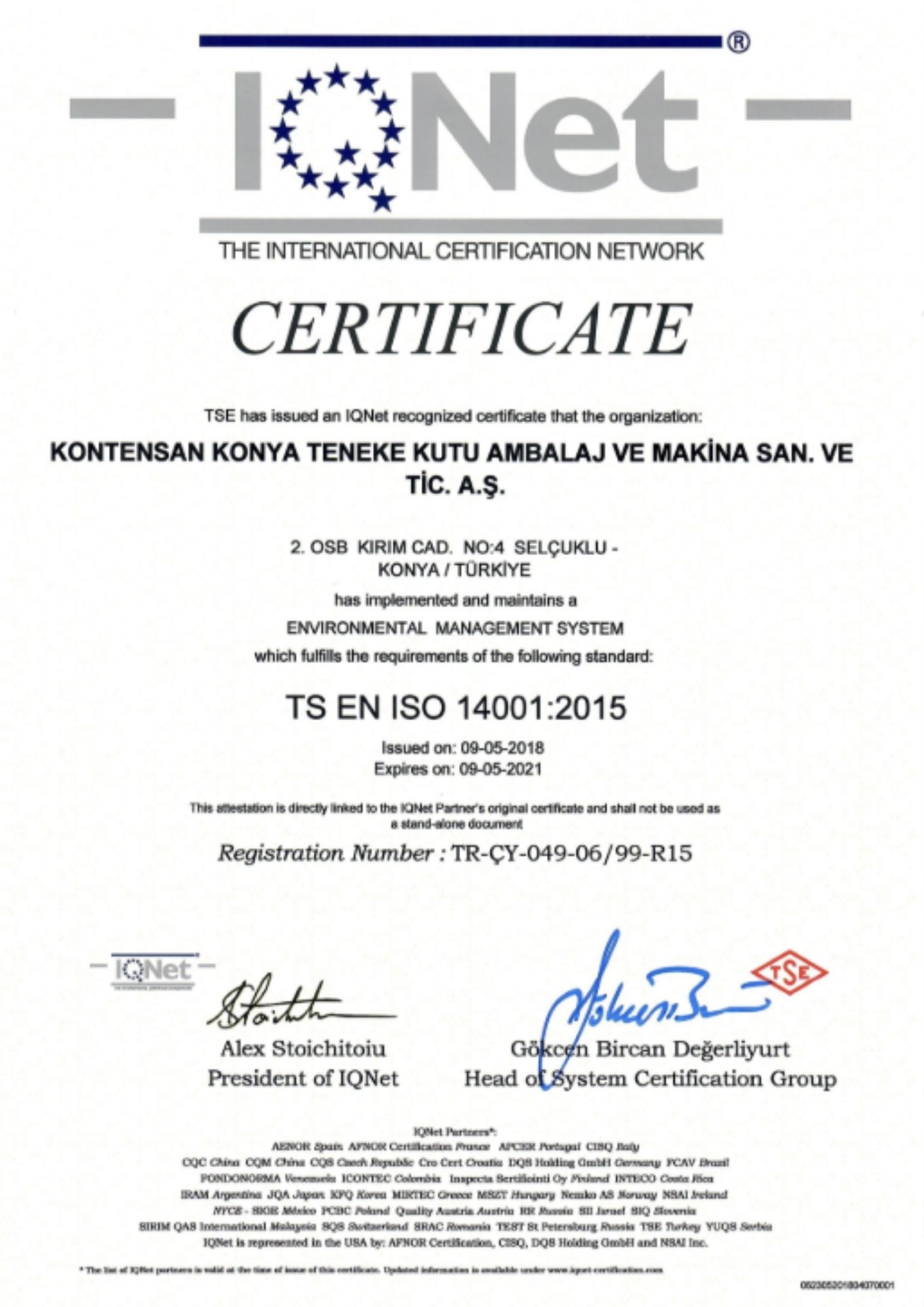 ENVIRONMENTAL MANAGEMENT SYSTEM CERTIFICATE