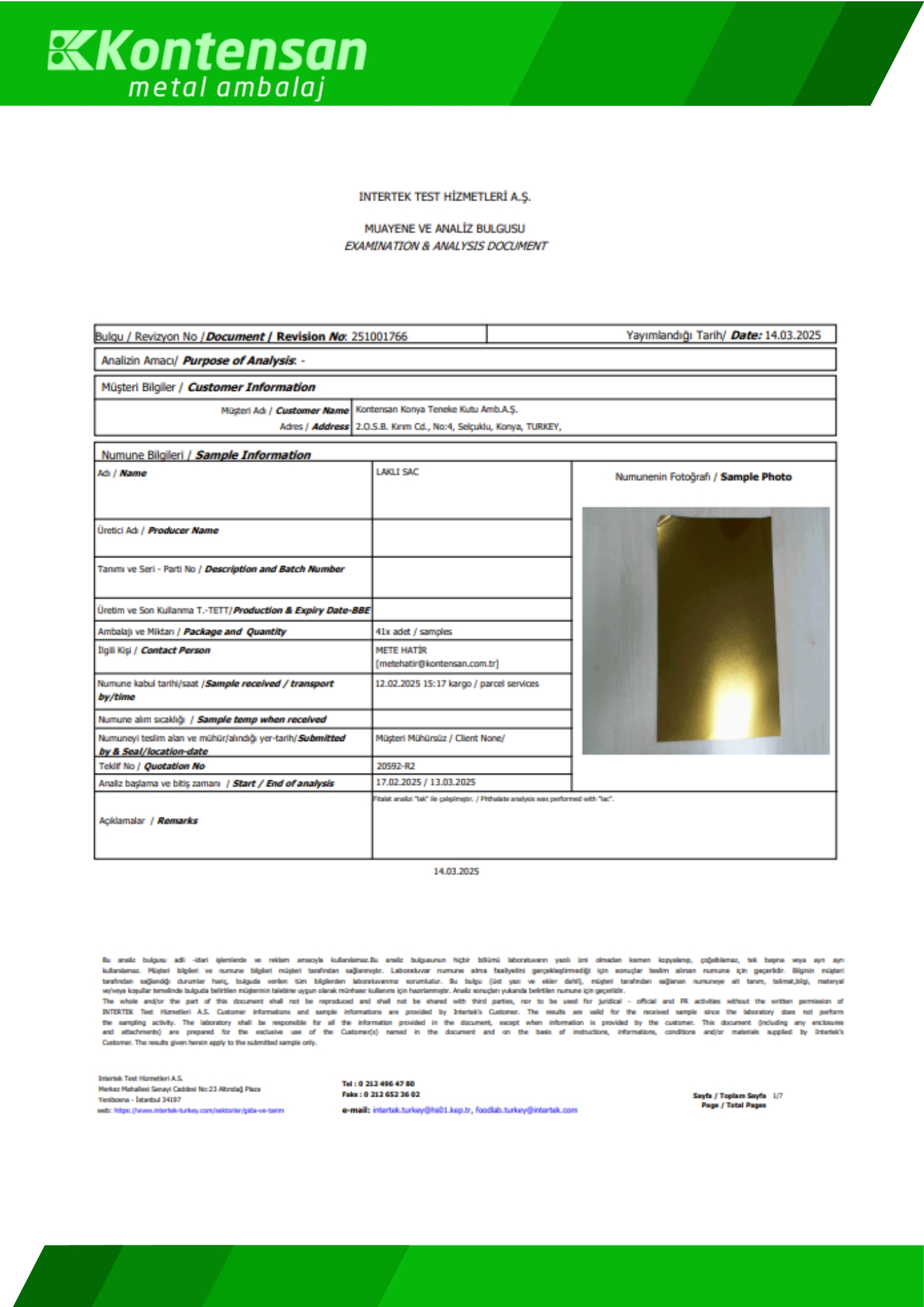 Unlacquered Sheet Metal Microbiological Analysis Report