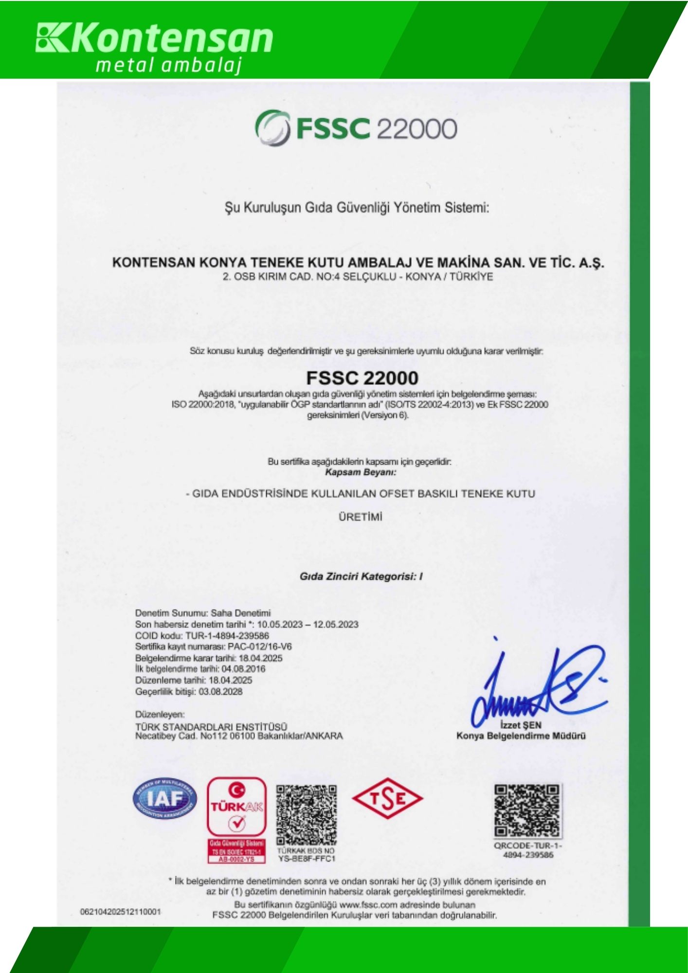 FSSC 22000 Food Safety Management System Certificate