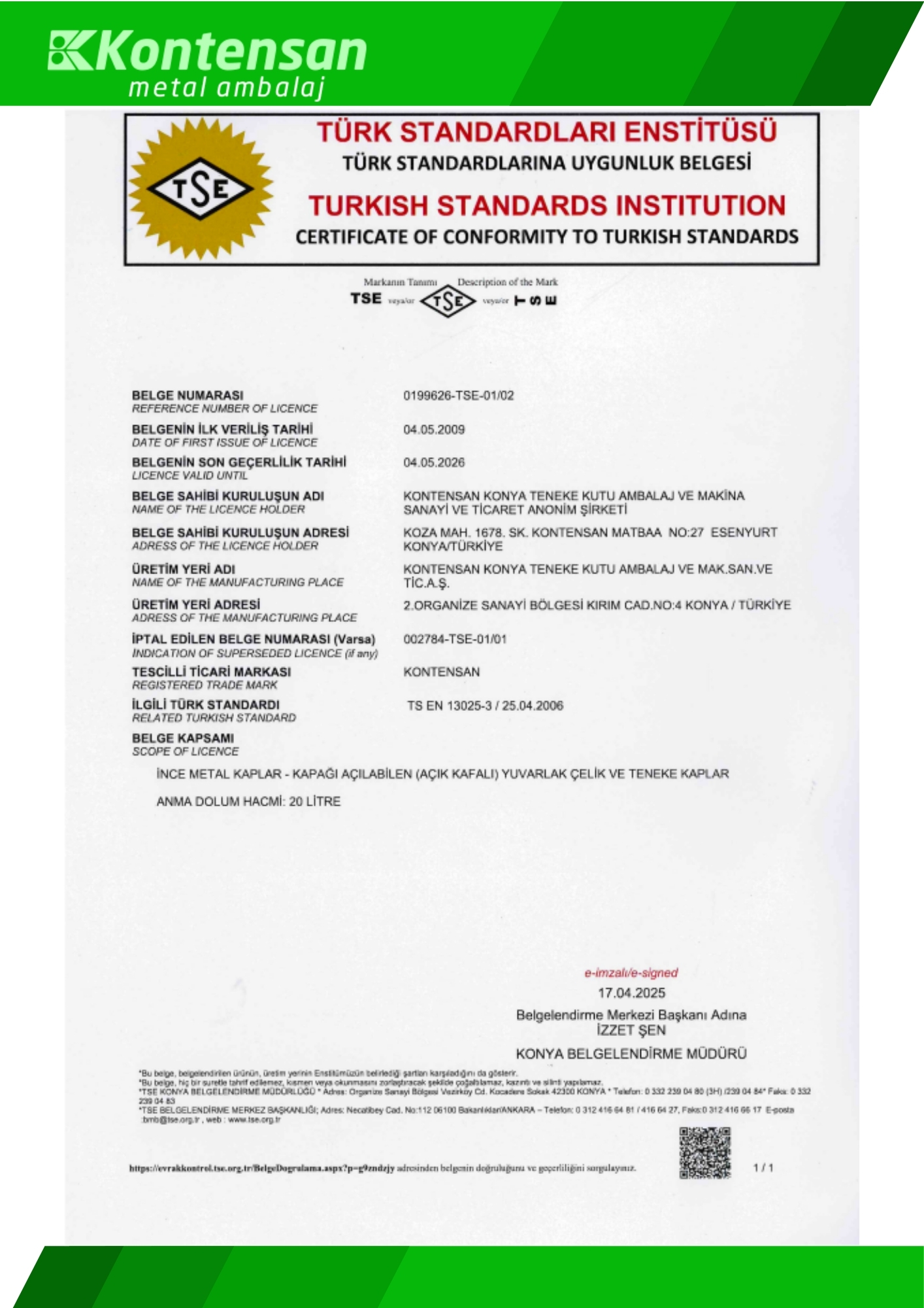 TSE Product Conformity Certificate